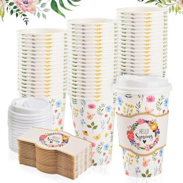 Imagem de Conjunto de 48 xícaras de café descartáveis florais com tampas e mangas 473 ml Hello Spring To Go Copos de papel para bebidas para primavera, casamento, festa de Páscoa, escritório, viagem,