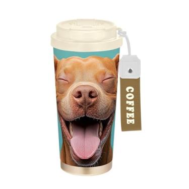 Imagem de Caneca de viagem de café 40 ml com canudo e tampa, revestimento cerâmico, isolada a vácuo, caneca de café de aço inoxidável à prova de vazamento, estampa engraçada de cachorro Pitbull marrom
