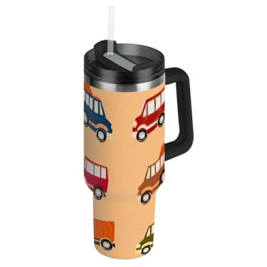Imagem de Copos com tampas e canudos coloridos desenhos animados carros caminhões laranja mel copo 1,134 g copo com alça mulheres garrafas de água isoladas aço inoxidável caneca de café quente para carro