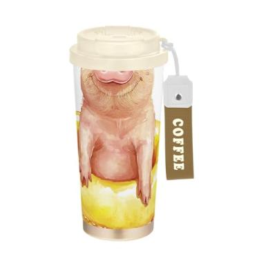Imagem de Caneca de viagem de café 40 ml com canudo e tampa, copo de café de viagem de aço inoxidável à prova de vazamento para escritório, escola, festa, acampamento, aquarela, porco, rosa, desenho animado