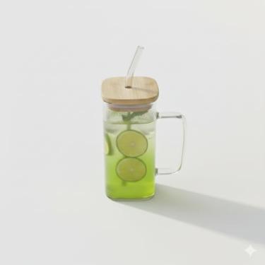 Imagem de Copo de Vidro com Tampa de Bambu e Canudo de Vidro, 290ml, Alça de Vidro, Caneca com Canudo