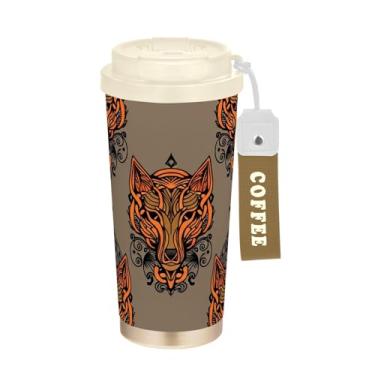 Imagem de TSENQUE Copo de café marrom com cabeça de lobo laranja, 473 ml com canudo e tampa, copo de parede dupla isolado a vácuo com revestimento cerâmico para escola, escritório, festa, acampamento