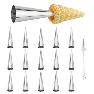 Imagem de 17 tubos de pastelaria em forma de cone de aço inoxidável, moldes antiaderentes com escova de limpeza, ferramenta de enrolar pão, molde de pele crocante de sorvete