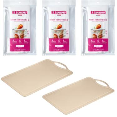 Imagem de Conjunto de 2 Tábua Bege Plástica de Corte para Alimentos + 3 Saco Hermetico Transparente 3 Litros