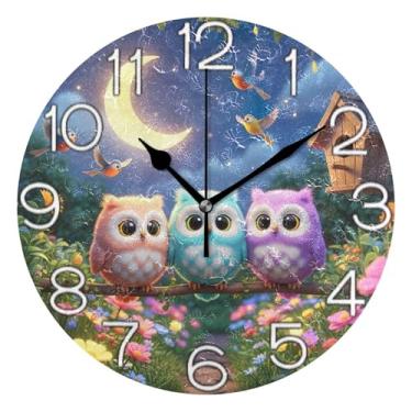 Imagem de Lindas corujas coloridas jardim relógio de parede analógico decorativo cozinha relógio rústico funky alimentado por bateria, decoração de parede vintage sala de estar, 25 cm, ponteiros pretos
