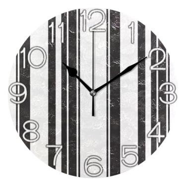 Imagem de GAIGEO Relógio de parede analógico decorativo redondo sem tique-taque silencioso quarto relógio de cozinha, decoração de parede moderna casa de fazenda minimalista preto branco listrado, 25 cm