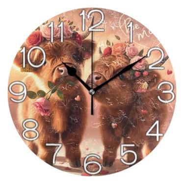 Imagem de GAIGEO Relógio de parede analógico decorativo relógio de cozinha rústico estético silencioso sem tique-taque, decoração de parede moderna casa de fazenda dia dos namorados vaca highland fofo, 25 cm