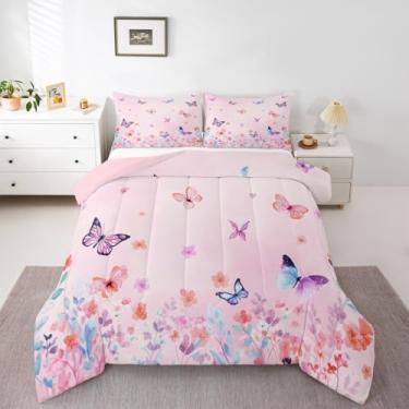 Imagem de Erosebridal Jogo de cama solteiro com borboleta rosa, floral, rosa, para meninas, crianças, mulheres, decoração de quarto, borboletas, primavera, jardim, ramos de flores, edredom