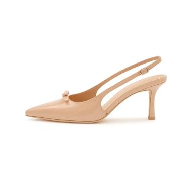 Imagem de MAVMAX Salto Slingback para mulheres, salto gatinho com laço, bico fino, bico fino, salto para festa, sapatos de casamento sexy, Bege envernizado, 36