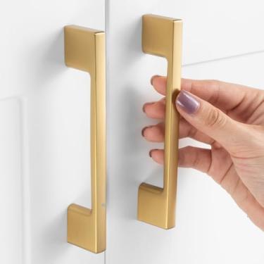 Imagem de ASKANO Pacote com 10 furos centrais de 9,5 cm, puxadores de armário de ouro escovado, puxadores de armário dourados, ferragens de cozinha douradas para armários ZP2205, gaveta, quarto, cômoda