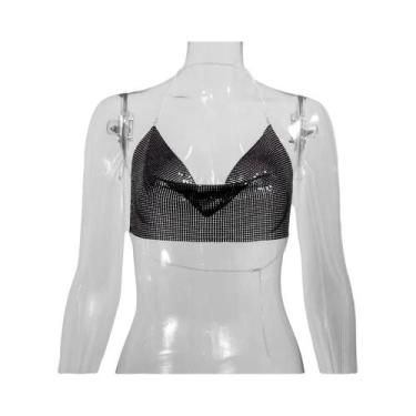 Imagem de Top Cropped Feminino Com Lantejoulas Metálicas Brilhantes, Decote Em V