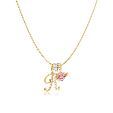 Imagem de Robaice Colar feminino banhado a ouro 14 K, pingente de letra de coração planeta rosa com corrente redonda de espinha de peixe, joia que não mancha. Presente para ela, 16'' + 2'' extender, Metal, Sem