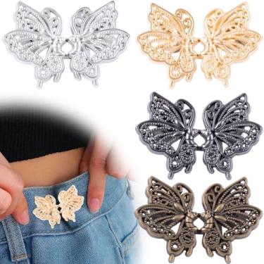 Imagem de YALOJE 4 conjuntos de botões de aperto de cintura borboleta para calças, jeans de metal ajustável, sem costura, clipes de borboleta destacáveis para saia feminina, cintura solta - ouro, prata, preto