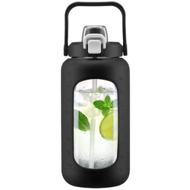 Imagem de Garrafa de água de vidro de 2041 g com canudo e tampa 2 em 1, garrafa de vidro motivacional grande com marcador de capacidade e manga de silicone, jarro de água de 2,1 litro para casa, esportes