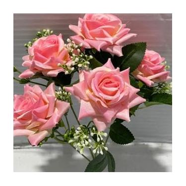 Imagem de Rosa Artificial com 5 flores (De ponta)(Rosa claro,Kit com 2 Unidades)