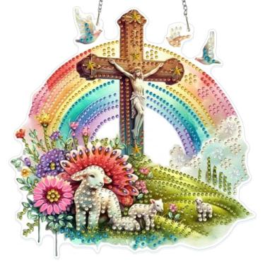 Imagem de GHHKUD Kits de pendurar arte de diamante com tema de Páscoa para adultos, kits de pintura de diamante dupla face DIY para pendurar arco-íris, adultos, enfeites de acrílico de formato especial