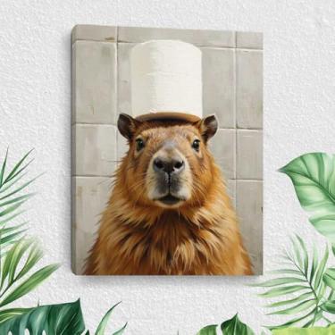 Imagem de Arte de parede de banheiro capivara engraçada, capivara fofa com impressões de papel higiênico decoração de parede em tela emoldurada, impressão de pôster estético moderno de animal divertido para