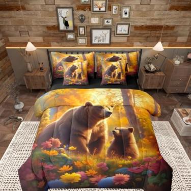 Imagem de Manfei Jogo de cama Queen com desenho animado de ursos, 7 peças, árvores de outono, flores, estilo casa de fazenda, conjunto de edredom com lençóis, cama marrom laranja em um saco com edredom, lençóis