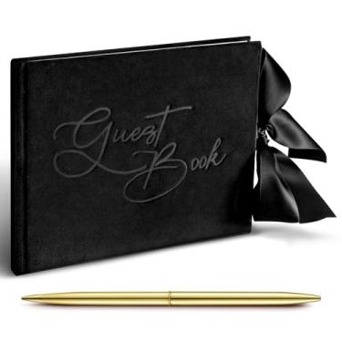 Imagem de Panelee Livro de convidados de casamento com caneta, recepção de veludo preto, livro de 144 páginas, papéis de memória de casamento, livro de visitas elegante para chá de panela, festa convidada