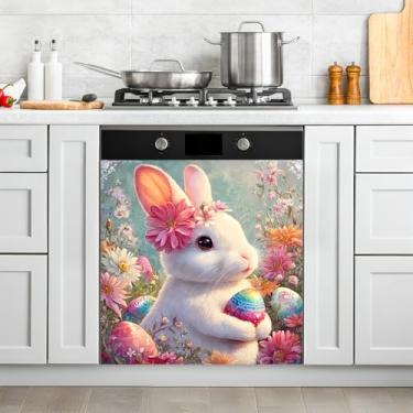 Imagem de NYZE Capa de ímãs de lava-louças de Páscoa, ovos de coelho, adesivo magnético decorativo, reutilizável para máquina de lavar louça (bunny com flor)