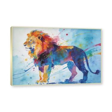 Imagem de NHLDZYH Moldura dourada. Pintura de leão colorida, impressão de arte abstrata vibrante, decoração de parede de animais selvagens e enérgicos, tela contemporânea moderna para quarto, academia, quarto