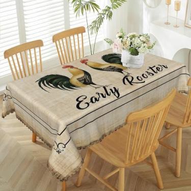 Imagem de TTQYFNM Toalha de mesa retangular vintage de 137 x 198 cm com galo precoce, adorável galinha, fazenda, campo, impermeável, resistente a manchas, capa de mesa para cozinha, jantar, decoração de casa