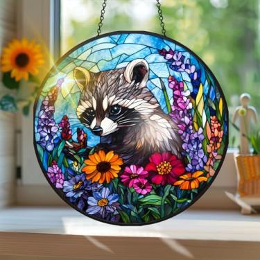 Imagem de Apanhador de sol colorido de acrílico, estilo vitral estampado de animais guaxinim com reflexos de arco-íris, arte de parede para decoração de janela suspensa, ornamentos de primavera para uso interno