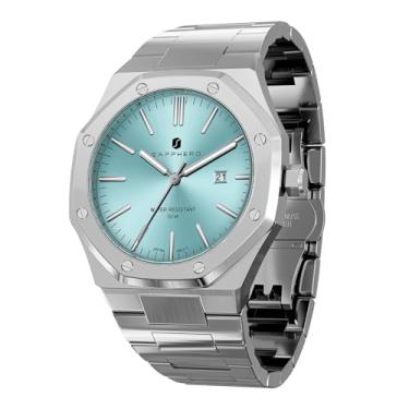 Imagem de SAPPHERO Relógio masculino octogonal de aço inoxidável 30 m à prova d'água luminoso relógio de pulso analógico de quartzo de luxo para homens com data elegante, Pulseira prateada/mostrador verde
