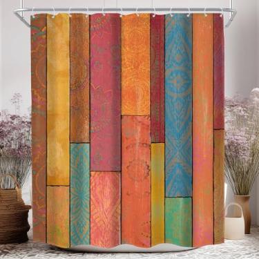Imagem de MESHELLY Cortina de chuveiro rústica multicolorida para porta de celeiro 152 cm L x 182 cm A decoração de madeira colorida de casa de banho cortina de banheiro vintage cortina de banheiro decoração
