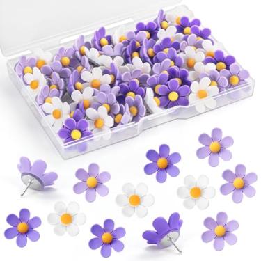 Imagem de GOOLADA 60 pinos de flores roxas, pinos decorativos de 3 cores, tachinhas fofas para decoração de parede de cubículos, quadro de cortiça, quadros de avisos, decoração de escritório fofa