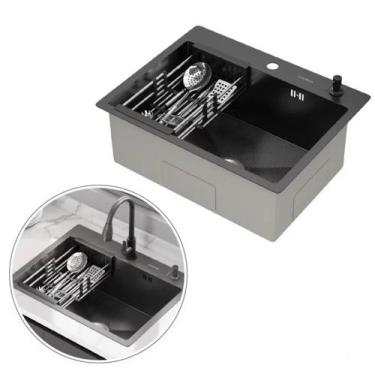 Imagem de Cuba Cozinha Gourmet Mônaco Quadrada Preto Aço Inox 304 com Cesto Esco