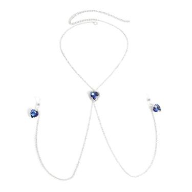 Imagem de Sutiã sexy corrente de mamilo azul strass coração pingente gargantilha colar para mulheres sem piercing ajustável nariz falso anel declaração boate biquíni festival rave festa lingerie peito corpo