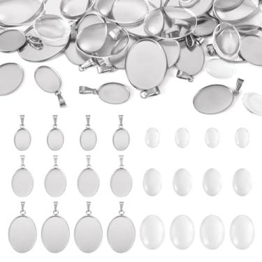Imagem de Boutigem 30 peças de pingentes ovais cabochão base pingentes prata oval aço inoxidável em branco bisel pingente bandejas cabochão configuração bisel metal amuletos de camafeu para foto colar brinco