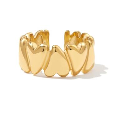 Imagem de BENIQUE Anel feminino de ouro prata grosso com coração de aço inoxidável banhado a ouro 18 K, impermeável, não mancha, ajuste confortável tamanho 6-8, Aço inoxidável, Sem pedra preciosa