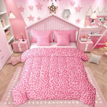 Imagem de Erosebridal Conjunto de cama queen com estampa de leopardo rosa, estampa de chita sexy, textura de pele de animal, conjunto de cama inclui edredom, conjunto de lençol, fronhas e fronhas, decoração de