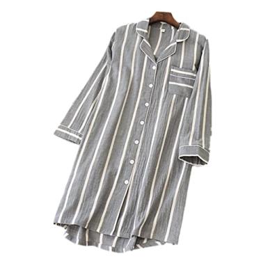 Imagem de 3FLQOOPP Camisola listrada feminina casual manga longa vestido de dormir interno feminino (cinza médio)