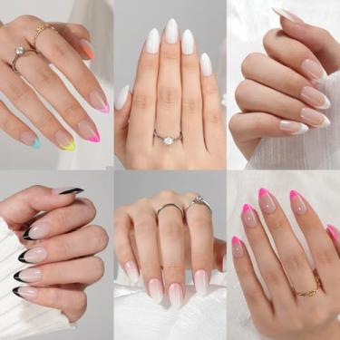 Imagem de 6 pacotes de unhas de amêndoa, unhas curtas Misssix francesas, cola reutilizável nas unhas, unhas postiças de gel para mulheres, kit de 15 tamanhos - 6 estilos no total