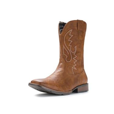 Imagem de IUV Botas de cowboy masculinas com bico quadrado largo, bota retrô ocidental, durável, clássica, bordada, sem fecho, botas antiderrapantes, Marrom, 39