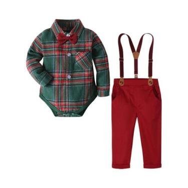 Imagem de Conjunto De Roupa De Natal Para Bebê Menino Em Xadrez Vermelho E Verde