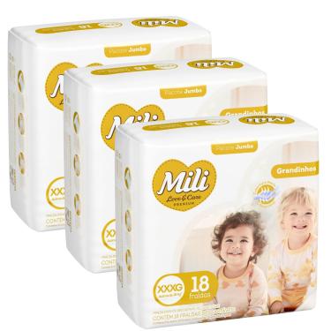 Imagem de Fralda Descartável Mili Love & Care 3 Pacotes c/ 18 (total: 54 fraldas)  Tam: XXXG - Grandinho