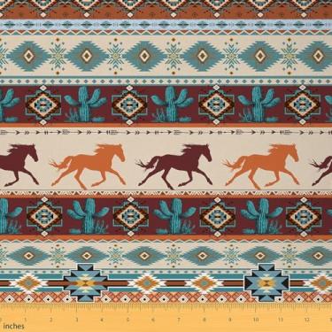 Imagem de jejeloiu Southwestern Fabric by The Yard 5 jardas tecido de estofamento de cacto cavalo asteca para cadeiras rústico ocidental para projetos de bricolage em casa, impermeável, decoração interna e