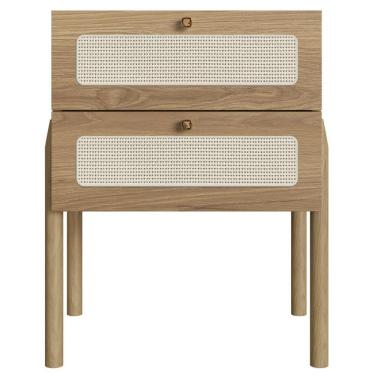 Imagem de Mesa De Cabeceira Oslo Artesano 48 Cm (Largura) Em Mdp Palha Natural Duas Gavetas Base Madeira