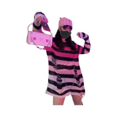 Imagem de Suéter Feminino Y2K Gótico Com Furos E Listras, Tricô De Manga Longa R