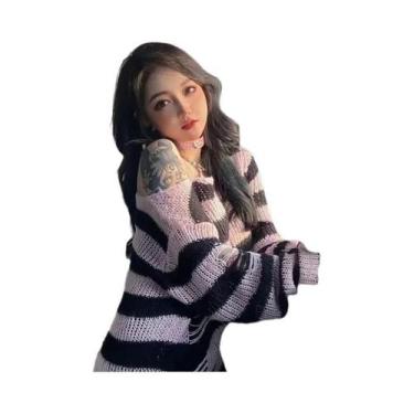 Imagem de Suéter Feminino Y2K Gótico Com Furos E Listras, Tricô De Manga Longa R