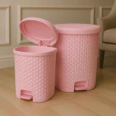 Imagem de Lixeira Cesto 6L / 15L Rattan Rosa Com Pedal Perfeita P/ Escritório Co