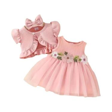 Imagem de Conjunto De Verão Para Bebês: Vestido Floral De Tule, Laço De Cabelo E