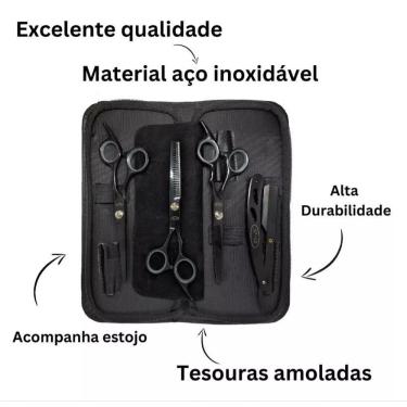 Imagem de Kit 3 Tesouras Profissionais Fio Navalha e Desfiadeira para Cortes de Cabelo com Modelo...