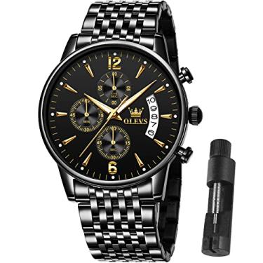 Imagem de OLEVS Relógio masculino grande à prova d'água preto metal com coroa rosqueada multifuncional cronógrafo relógio de aço inoxidável esportivo ao ar livre, Preto, Round, Movimento de quartzo