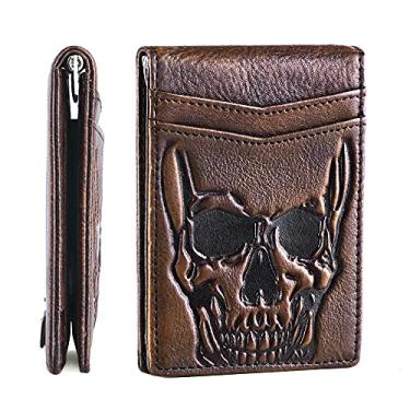 Imagem de Carteira masculina minimalista de couro de caveira dobrável com clipe para dinheiro com alça de puxar para cartão para marido, namorado, pai, adolescente – Janela fina para identidade com bloqueio de RFID, porta-cartão de crédito – e Natal, Marrom, Minimalista
