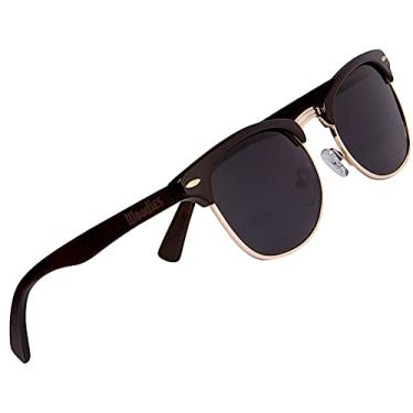 Imagem de Woodies Óculos de sol de madeira semi-sem aro lentes pretas polarizadas para homens e mulheres – armação de madeira ébano praia – 100% de proteção UVA UVA UVB, Preto, M